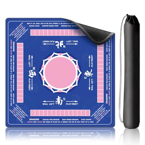 LZSIG Mahjong Mat 33"x33" - Non-Slip Noise Reduction Gaming Mat with Beginner Rules for American Mahjong, Chinoiserie Lotus Artwork Waterproof Surface with Carry Bag for Game Nights, Gift (Blue) - color: Blue