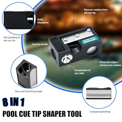 Pool Cue Tips Replacement Kit, 13mm Pool Cue Tip Repair Tool Kit, Billiards Cue Replacement Tip Kit with Cue Cloth, Pool Chalk, Billiard Pool Accessories