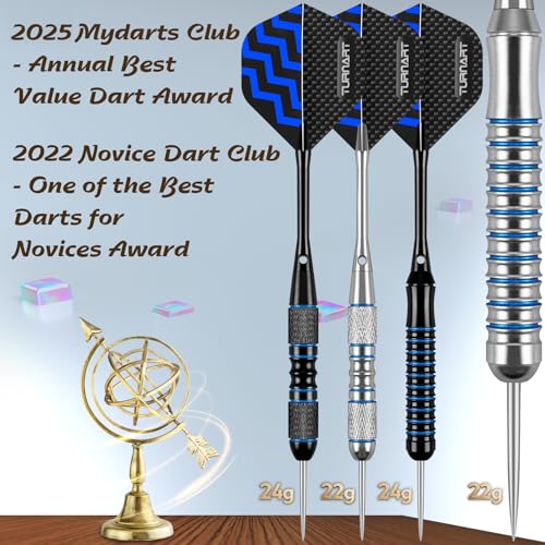 Turnart Darts Metal Tip Set - Steel Tip Darts Darts Set Professional Metal Darts 12 pcs 22/24 Grams Pro Dart Set with Stylish Case Aluminum Shafts Extra 9 Flights - color: Blue