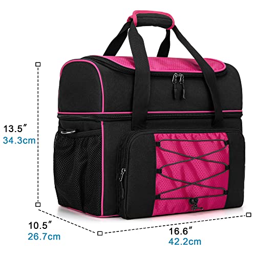 DSLEAF Bowling Bag for 2 Balls, Bowling Tote with Wooden Bowling Cups and Padded Divider for Double Ball and A Pair of Bowling Shoes Up to Mens 16 and Extra Essentials (Patent Design), Bag Only - color: Rose Red