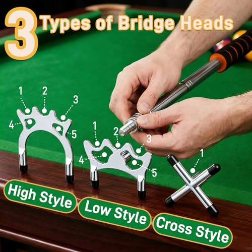 Pumtus Retractable Pool Cue Bridge, Billiards Cue Rest with 3 Pieces Removable Alloy Bridge Head, Snooker Pool Cue Bridge Stick, Billiards Table Accessories for Pool Table, Game, Competition