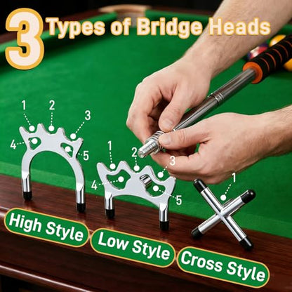 Pumtus Retractable Pool Cue Bridge, Billiards Cue Rest with 3 Pieces Removable Alloy Bridge Head, Snooker Pool Cue Bridge Stick, Billiards Table Accessories for Pool Table, Game, Competition