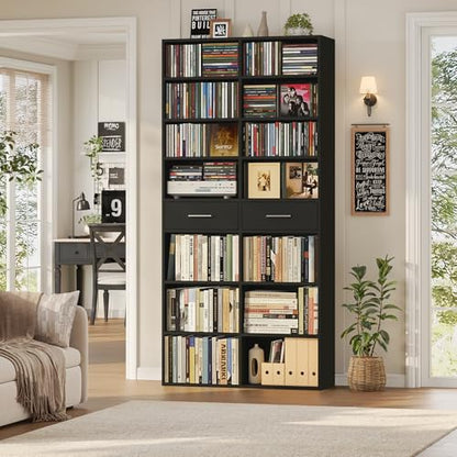HOSTACK 73" Tall Bookshelf with Drawers, 7-Tier Black Bookshelf with Storage, Double Wide Bookcase with 14 Open Book Shelves, Wood Book Case with Adjustable Shelves for Media CD DVD Storage, Black