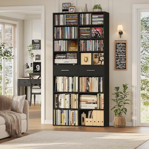 HOSTACK 73" Tall Bookshelf with Drawers, 7-Tier Black Bookshelf with Storage, Double Wide Bookcase with 14 Open Book Shelves, Wood Book Case with Adjustable Shelves for Media CD DVD Storage, Black