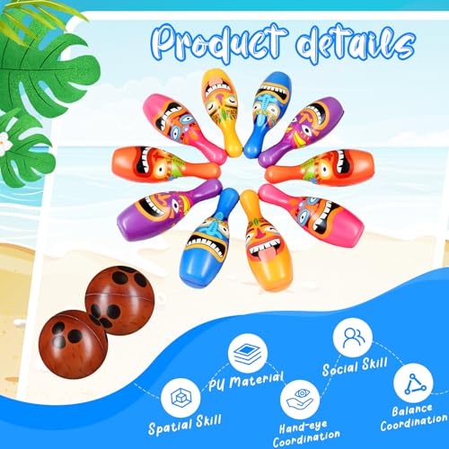 12 Pcs Bowling Set, 10 Soft Pins and 2 Cocout Balls for Kids Toddlers Tropical Hawaiian Luau Summer Birthday Party Games Indoor Outdoor Activities