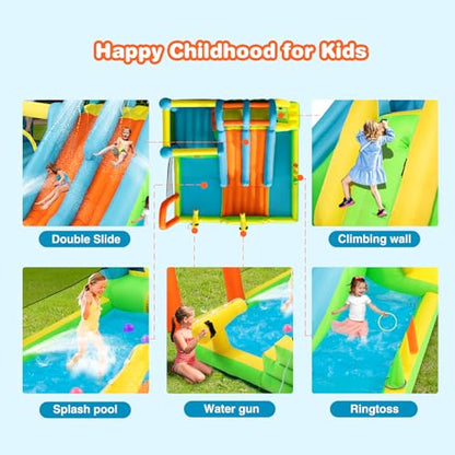 JOYLDIAS Inflatable Water Slide, Giant Water Park Bounce House with 2 Long Slides, Splash Pool,Trampoline, Climbing Wall, Ring Toss Game, 550W Air Blower for Kids Backyard Garden Indoor Outdoor Use