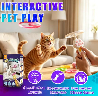 Cat Fetch Toy Automatic Disc Launcher 6 Discs USB-C White | Automatic launcher with 6 discs (3 Glow-in-Dark). 30m range. USB-C rechargeable 1200mAh battery. Interactive toy for cats.