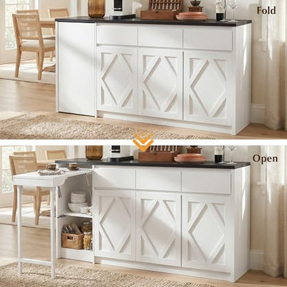 63" White Buffet Cabinet with Storage, Kitchen Sideboard with Folding Table | Modern Console Credenza with Drawers & Doors, Coffee Bar Cabinet for Dining Room, Entryway & Living Room