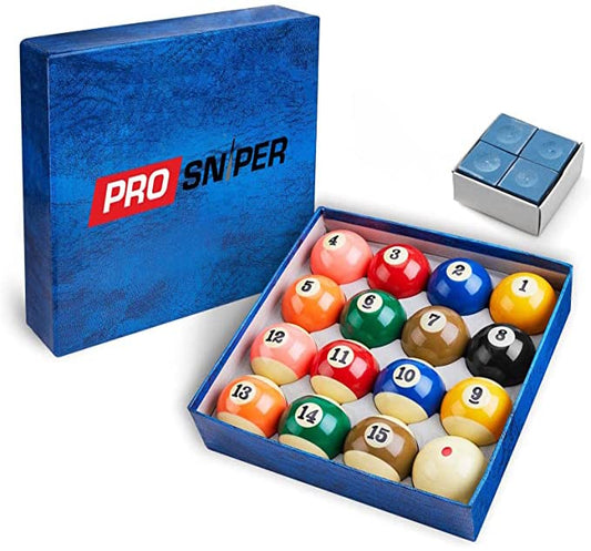 Prosniper Billiard Balls - 16 Premium Pool Ball Set Including 4X Cue Tips and 4X Blue Chalk I 6 oz & 2.25 inches I Pool Table Accessories for Beginners & Professionals I Made of Pure Resin - style: premium
