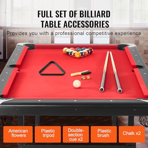 Happybuy 7ft Billiards Table, Portable Foldable Pool Table, Complete Set with Balls, Cues, Chalks & Brush, Black with Red Cloth, Ideal for Family Game Room, Kids, Adults
