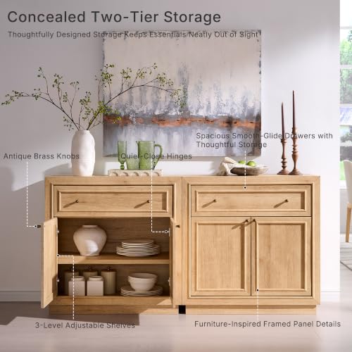 ACCOHOHO Modern Farmhouse Buffet Cabinet, 31.5" Sideboard Credenza, Modular Storage Cabinet with Framed Panel Fronts, Adjustable Shelves & Dual Base Design, Natural Oak - color: Natural Oak, size: 1 Piece