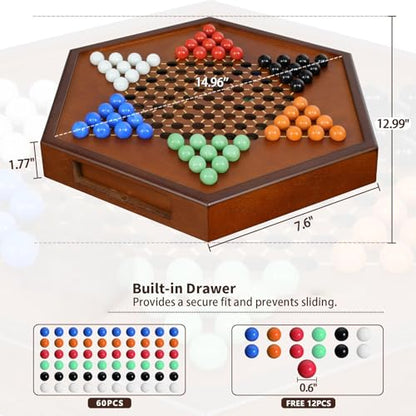 15" Large Upgraded Wooden Chinese Checkers Game Board – Premium 16mm Glass Marbles (60 + 12 Extras), Easy Grip, Storage Drawer, Ideal Multi-Player Puzzle Game for 2-6 Players