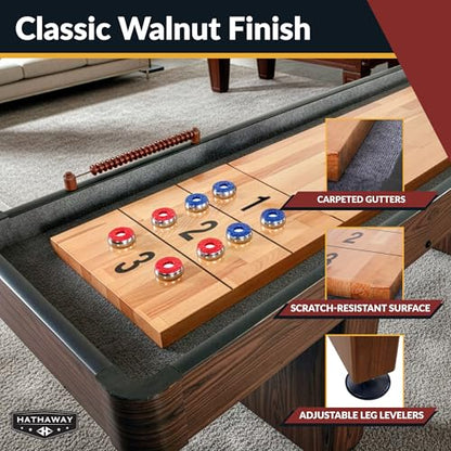 Hathaway Challenger Shuffleboard Table for Family Arcade Game Room - with Poly-Coated Playfield, Built-in Scorer & Cabinet, Climate Adjusters, Leg Levelers, 8 Pucks, Brush & Wax - Walnut Finish - size: 12-foot
