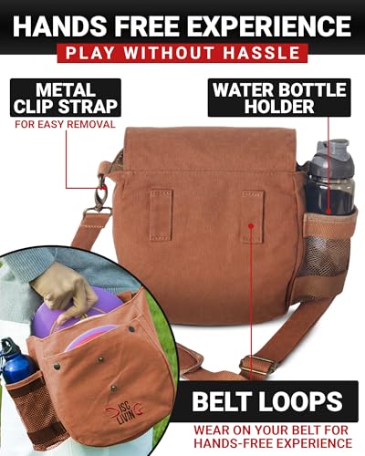 Disc Golf Bag | Frisbee Golf Bag | Easy to Carry | Lightweight Fits Up to 10 Discs | 16 oz Waxed Canvas Sturdy Design | Belt Loop | Double Button Design | Bottle Holder - style: Waxed Canvas - Brown