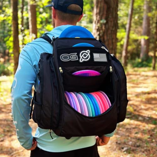 Discology Disc Golf OG Black V3 Disc Golf Bag | 26+ Disc Capacity | Premium Disc Golf Backpack Bag | Durable Design | 2 Large Side Compartments | Three Patches Included