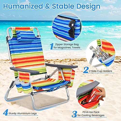 Tangkula Set of 4 Backpack Beach Chair, 5-Position Lay Flat Beach Chairs with Cooler Bag, 2 Cup Holders, Towel Bar, Lightweight Low Folding Beach Chair with Backpack Straps, Yellow - color: Yellow, style: 4 Pack