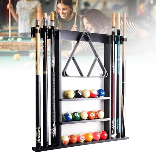 Pool Cue Rack Only, Pool Stick Holder Wall Mount, 6 Pool Billiard Stick + Ball Set Wall Cue Rack, Compact Billiard Table Accessories(71.5cmH)
