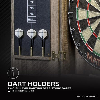 Accudart Match Pro Dartboard Cabinet Set – Official 18” Sisal Board, Self‑Healing Fibers, Modern Woodgrain Cabinet, Built‑in Dart Holders, Auto LED Lighting – Includes Scoreboards & Steel‑Tip Darts