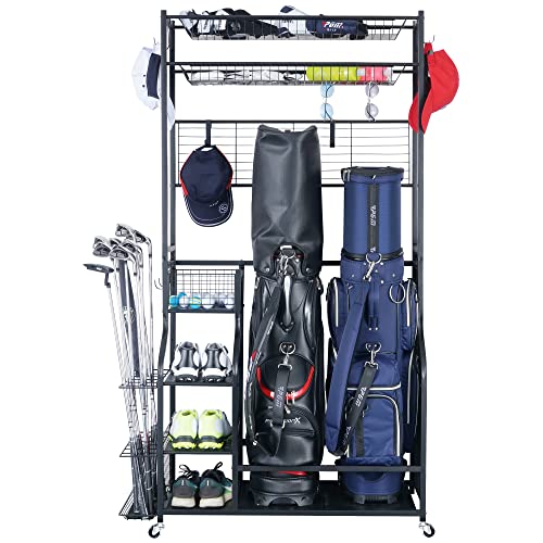 Mythinglogic Golf Bag Storage Garage Organizer,2 Golf Bags Storage Stand and Golfing Equipment Accessories Storage Rack with 4 Removable Hooks, Extra Golf Clubs Display Rack - color: Black