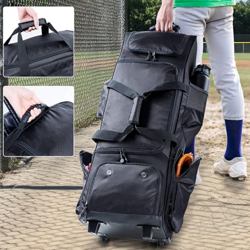 Rolling Baseball Bag With Wheels, Seperate Shoe Compartment and Fence Hook - Large Softball Bag for T-Ball - Team Equipment Duffle Bag - Catcher Gear Bag for Boys 8-12, Youth, Adults - color: Black