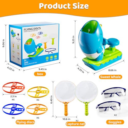 Flying Disc Launcher Outdoor Toys with 1 Whale Launcher, 24 Flying Discs, 2 Butterfly Nets and 2 Protective Glasses, Outside Toys for Kids Ages 3-5 6-8 Boys Girls Chasing Catching Games Birthday Gifts