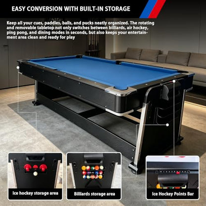 7FT Pool Table Dining Table Combo, 4-in-1 Multi-Game Table with Air Hockey & Ping Pong Tabletop, Convertible Billiard Table for Adults, Indoor/Outdoor Pool Table - color: Blue