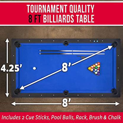 GoSports 8 ft Pool Tables with Wood Finish - Choose Your Style - Modern Billiards Table with 2 Cue Sticks, Balls, Rack, Felt Brush and Chalk - color: Blue, Black Wood Finish