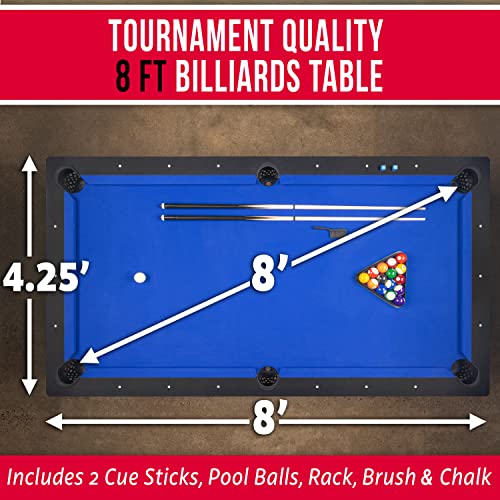 GoSports 8 ft Pool Tables with Wood Finish - Choose Your Style - Modern Billiards Table with 2 Cue Sticks, Balls, Rack, Felt Brush and Chalk - color: Blue, Black Wood Finish