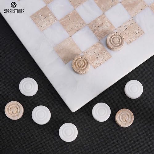 Marble Checkers Set 15 Inches Handmade White and Travertine Checkers Board Game with Checker Pieces - Board Games for Adults, Game Table Accessories, Gifts & Home Décor