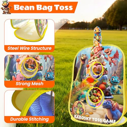 RaboSky 4-in-1 Dinosaur Bean Bag Toss Game for Kids Ages 3-5 4-8, Big Birthday Party Gifts & Fun Outdoor Activities for Boys, Toddlers with 6 Fruit Beanbags, 6 Rings, 6 Sticky Balls & 2 Axes - color: Dinosaur 20×28