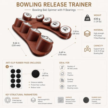 Bowling Release Trainer, Bowling Ball Spinner with 9 Bearings, Bowling Ball Release Trainer for Hook and Rev Practice, Curved Base Bowling Equipment with Anti-Slip Pads & Velvet Bag - color: Brown