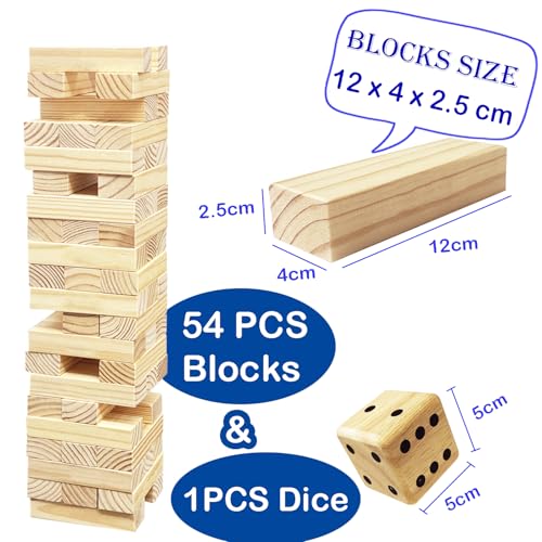 Jac & Mok Tumble Tower Wooden Toppling Blocks Game Set,Stacking Timber Games with Carrying Bag (54 pcs Large Tumble Tower with Dice)