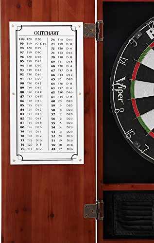 Viper Metropolitan Solid Wood Cabinet & Sisal/Bristle Dartboard Play-Ready Bundle: Elite Set (Razorback Dartboard, Darts and Laser Throw Line), Cinnamon Finish