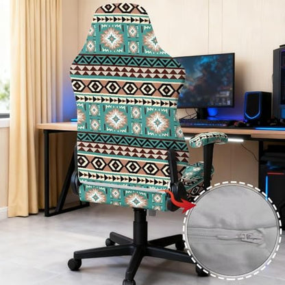 Suobstales Aztec American Tribal Pattern Gaming Chair Cover, Stretchy 4 Pcs Ergonomic Office Computer Game Chair Slipcovers with Armrest Covers/Back Covers/Seat Cover for Reclining Racing Gaming Chair - color: Aztec American Tribal