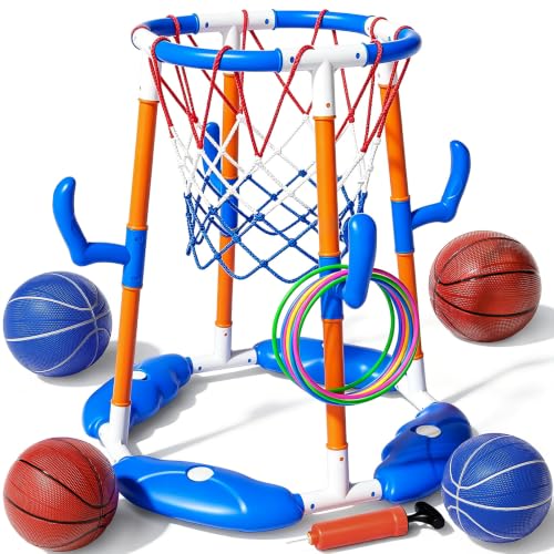 VLQ Floating Pool Basketball Hoop & Ring Toss Set, 2-in-1 Inflatable Summer Water Toy for Kids and Adults, Outdoor Party Game with 4 Balls, 12 Rings and Pump for Swimming Pools