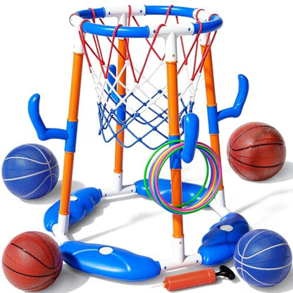 VLQ Floating Pool Basketball Hoop & Ring Toss Set, 2-in-1 Inflatable Summer Water Toy for Kids and Adults, Outdoor Party Game with 4 Balls, 12 Rings and Pump for Swimming Pools