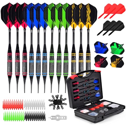 Darts Plastic Tip, Professional Soft Dart Tip Set, 12Pcs 18Gram with 120 Extra Tips, 6 One-Piece Dart Wings, Flight Protector, Tool Wrench, Storage Case, Plastic Darts for Electronic Dart Board