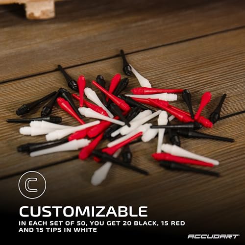 Accudart 50‑Pack Replacement Soft Tip Dart Points – 2BA Thread Tips for Electronic Dartboards – 20 Black, 15 Red, 15 White – Customizable Soft Tip Darts