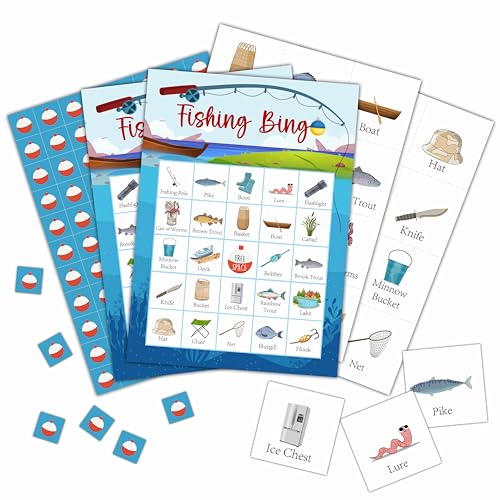 Fishing Bingo Cards, Camp Let's Go Fishing Bingo Games for 24 Players, Camping Party Games for Family Friends Large Group Activities, Fishing Party Favors Supplies Decorations(30) - style: Fishing