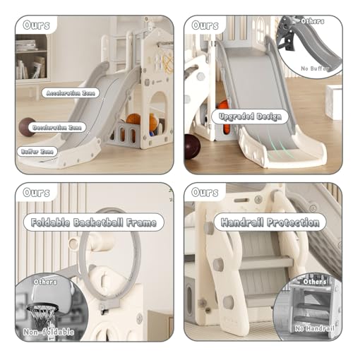 YUFU 5 in 1 Toddler Slide, Kids Slide with Climber, Basketball Hoop and Ball, Outdoor Indoor Playset for Toddlers Age 1-3 (Beige+Gray) - color: Beige+gray
