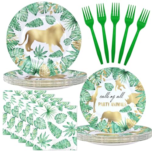 Gold Safari Jungle Party Supplies – Disposable Plates, Napkins, Green Forks – Tropical Leaves Tableware for Wild One Birthday, Baby Shower, Gold Animal Theme Decorations - style: Gold Safari