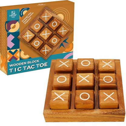 BSIRI Wooden XO Blocks Tic Tac Toe Travel Game Coffee Tabletop Family Living Room Decoration Games Night for Adults for Desk and Bookshelf Decor Unique Wood Gifts 5.5 Inch