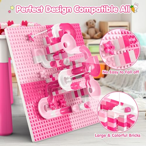 OCATO Kids Toddler Table and Chair Set: Water Table Activity Tables with 152Pcs Large Marble Run Building Blocks 2 Rabbit Chairs Storage All in One Play Sensory Sand Tables 3-6 Year Old Girl Toy Gift - color: Pink