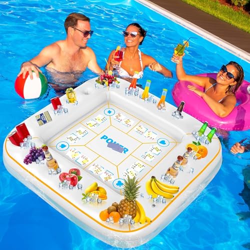 Elcoho 55 x 55 Inch Extra Large Inflatable Game Table with Waterproof Playing Cards Floating Pool Table Drink Holder Inflatable Ice Serving Tray Buffet Bar for Pool Summer Party, White - color: White