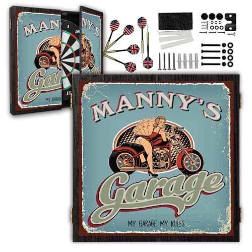 Personalized Dart Board Cabinet Set with 6 Steel Tip Darts, Paper Dartboard, Chalk & Eraser (21.5 x 21.5 x 2.75) - Man Cave Dart Boards for Adults - style: Classic Bike Garage