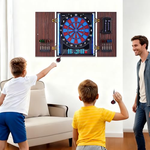 Electronic Dart Board with Cabinet Set, Electric Digital Dart Boards for Adults with Light Strips, Soft Tip Dartboard Cabinet Door with Large Cricket Display and Darts Storage for 12 Darts