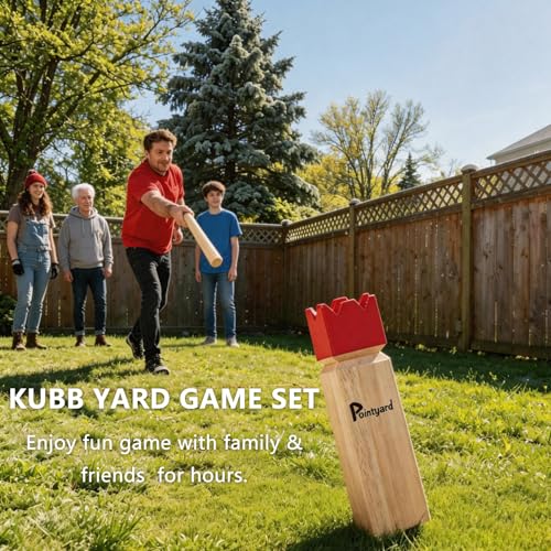 Kubb Yard Game Set Viking Chess Outdoor Hevea Hardwood Toss Game for Adults & Families - with 10 Blocks, 6 Batons, Carrying Bag | Perfect for Backyard Lawn Beach Party BBQ Camping - color: Red