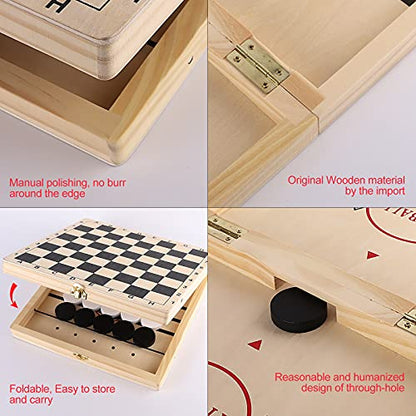 Sling Puck Game, Chess Checkers Game Set, 4 in 1 Folding Wooden Board Game, Fast Hockey Table Game, Portable Tabletop Tic Tac Toe Slingshot Chess Set for Kids and Adults