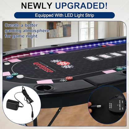 RAYKEEP LED Foldable Poker Table, 10 Players Folding Texas Holdem Blackjack Casino Table w/Inlaid 3-Color LED Light, Padded Rails & Cup Holders, Portable Card Game Table for Home Game Room & Parties - color: 84" Led