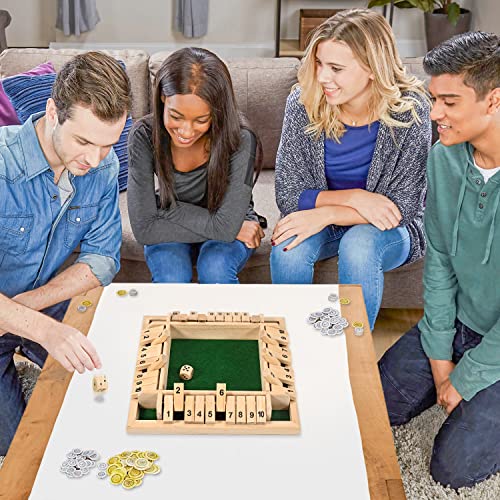 1-4 Players Shut The Box Dice Game, 10 Numbers Traditional Wooden Pub Bar Board Family Table Mat Game Dice for Adults - color: Wood, size: 8.7in